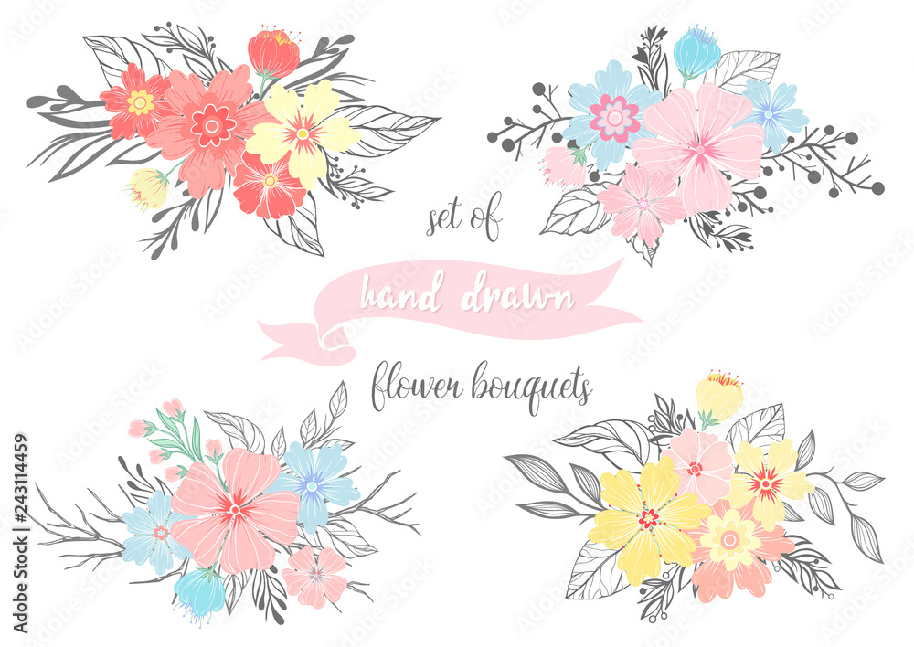 Set of hand drawn flower bouquets with different floral elements,branches,plants and leaves.Vector floral collection perfect for prints, flyers,banners,wedding invitations,special offer and more. Set of hand drawn flower bouquets with different floral elements,branches,plants and leaves.Vector floral collection perfect for prints, flyers,banners,wedding invitations,special offer and more.
