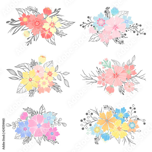 Set of hand drawn flower bouquets with different floral elements branches plants and leaves.Vector floral collection perfect for prints  flyers banners invitations special offer and more.