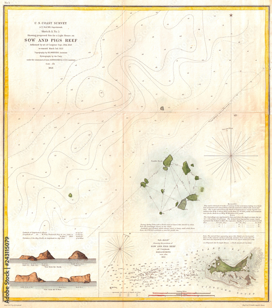 1853, U.S. Coast Survey Map or Chart of Sow and Pigs Reef off Marthas Vineyard, Massachussetts