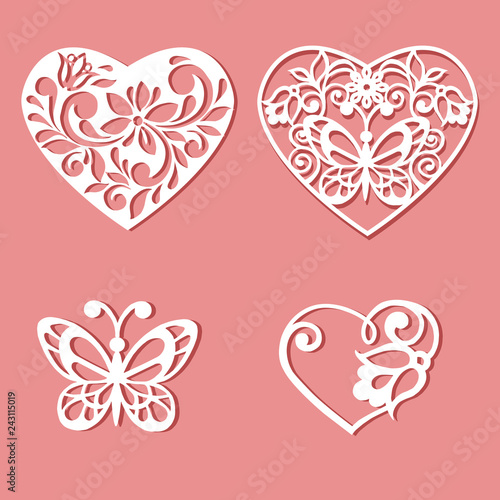 Set of laser cut hearts. Template for interior design, layouts wedding cards, invitations.