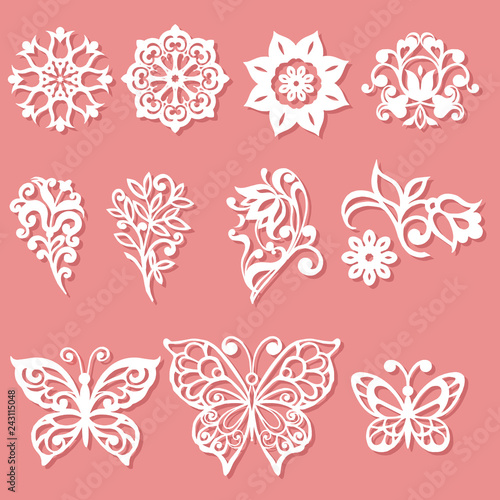 Set laser cutting template. Flowers, leaves and butterflies for the lace decoration.