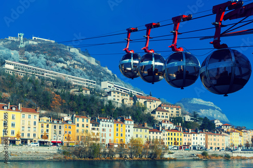 View of French Alps and Grenoble cable car in autumn