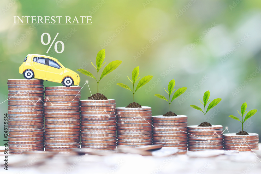 Interest rate and Banking concept, Miniature yellow car model and Plant ...