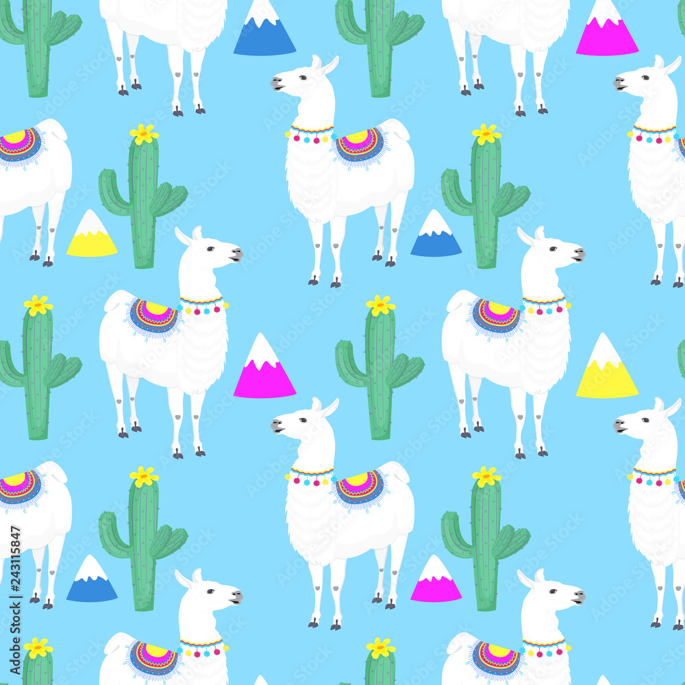 Llama. Cacti. Cactus. Mountains. Funny alpaca cartoon character. Seamless pattern for nursery, fabric, textile, kids apparel. Llama. Cacti. Cactus. Mountains. Funny alpaca cartoon character. Seamless pattern for nursery, fabric, textile, kids apparel.