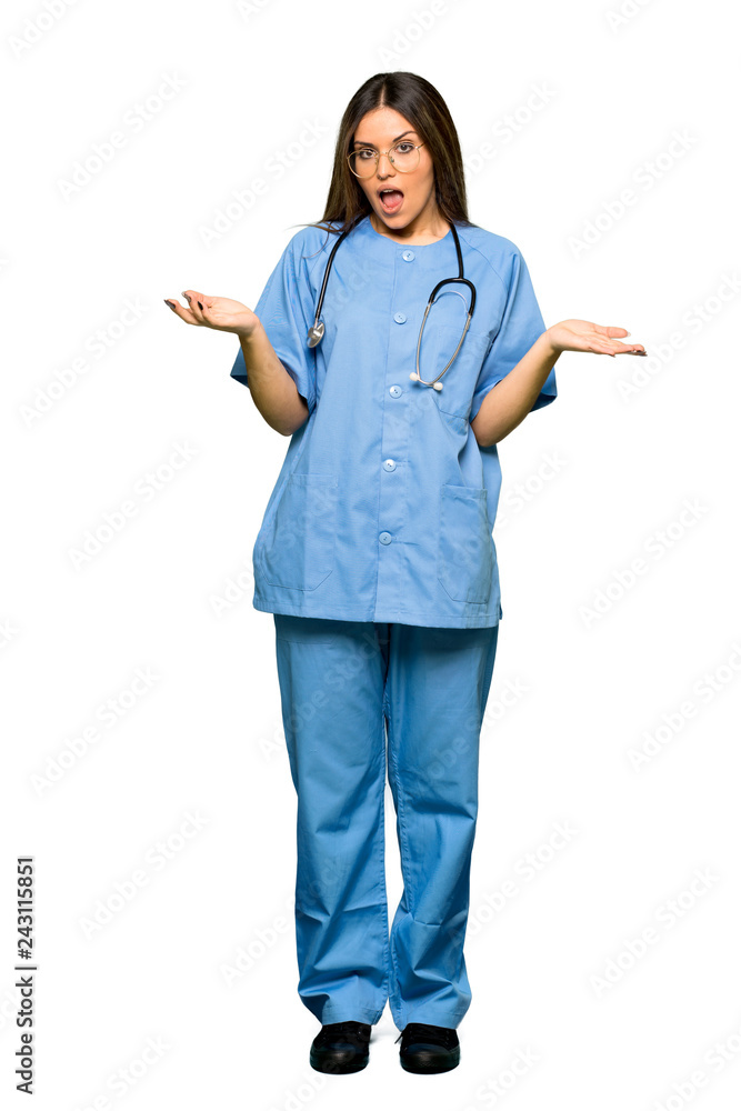 Full body of Young nurse with surprise and shocked facial expression Full body of Young nurse with surprise and shocked facial expression