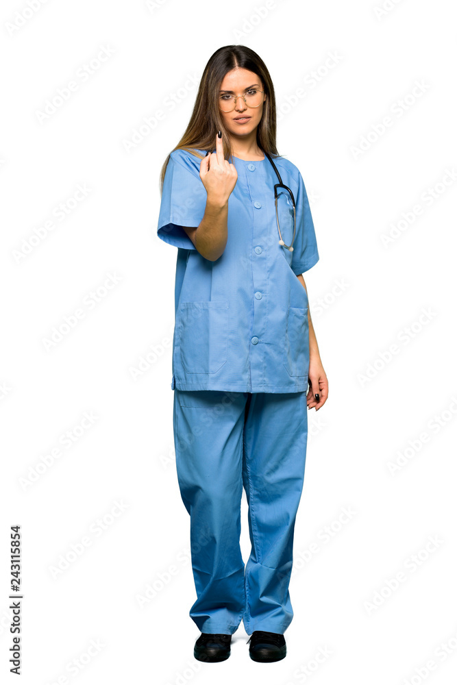 Full body of Young nurse making horn gesture Full body of Young nurse making horn gesture