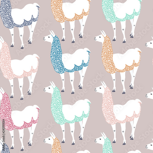 Seamless kids pattern with funny llama. Cute alpaca cartoon character for decoration nursery, design kids clothing, fabric, wrapping, textile, wallpaper