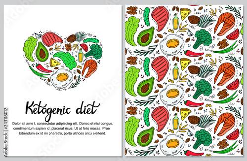 Ketogenic diet vertical banner in hand drawn doodle style. Low carb dieting. Paleo nutrition. Keto meal protein and fat. Healthy foods seamless pattern.