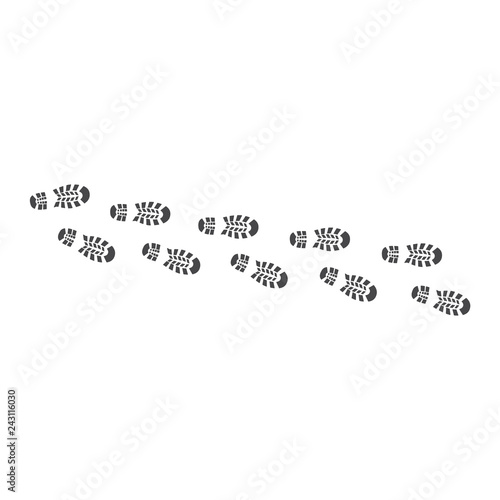 Vector abstract human boot, or sneakers shoe footprint track icon. Black silhoette of footwear footmarks. Hiking equipment or army outdoor footwear. Isolated illustration