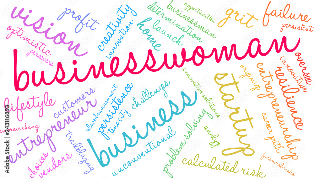 Businesswoman Word Cloud on a white background. 