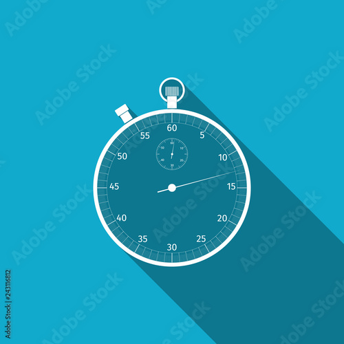 Classic stopwatch icon isolated with long shadow. Timer icon. Chronometer sign. Flat design. Vector Illustration