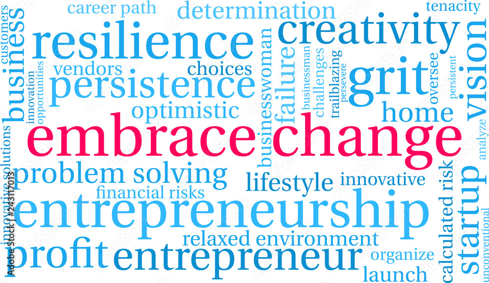 Embrace Change in Entrepreneurship Word Cloud on a white background. Embrace Change in Entrepreneurship Word Cloud on a white background.