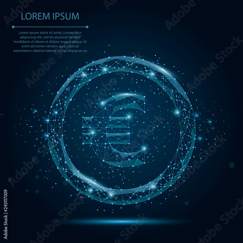 Abstract mash line and point Euro sign. Vector business illustration. Polygonal low poly currency