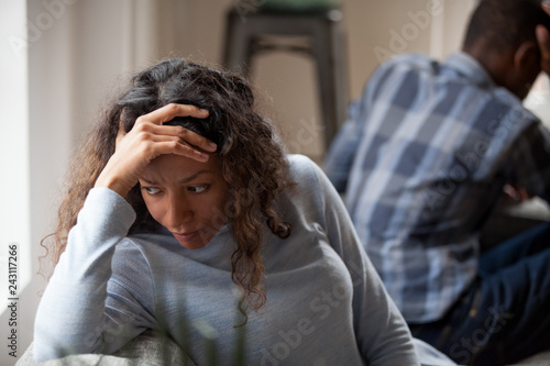 Valokuva Tired upset african wife feels empty sad after couple fight with husband, frustr