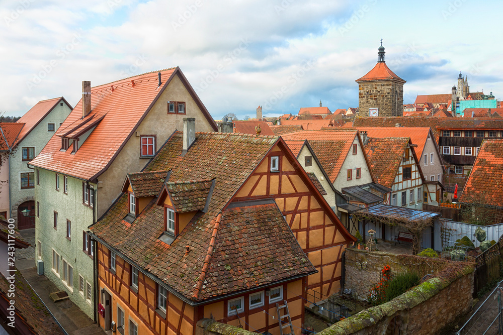 Beautiful streets in Rothenburg ob der Tauber with traditional German houses in winter, Bavaria, Germany