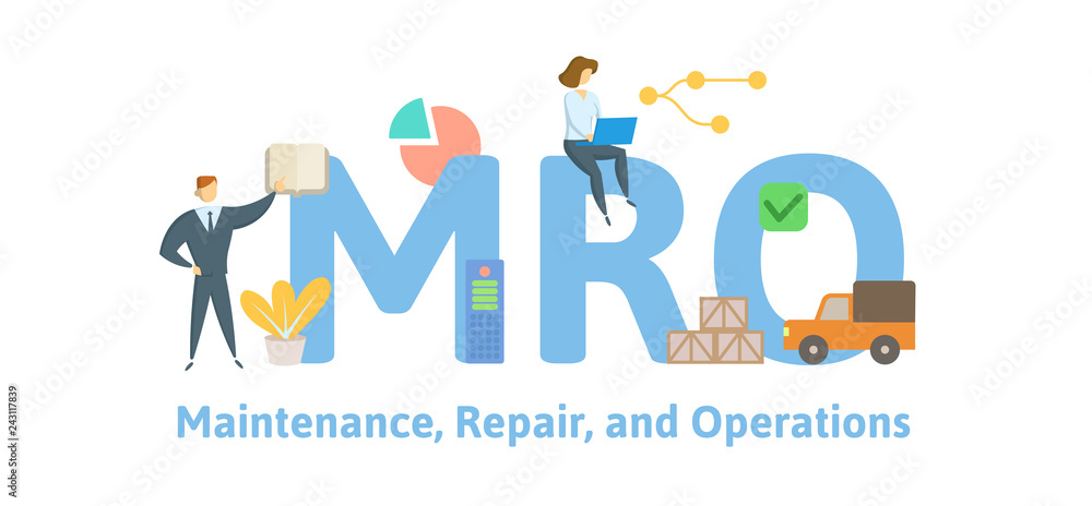 MRO, Maintenance, Repair, and Operations. Concept with keywords, letters and icons. Colored flat vector illustration. Isolated on white background. - obrazy, fototapety, plakaty 