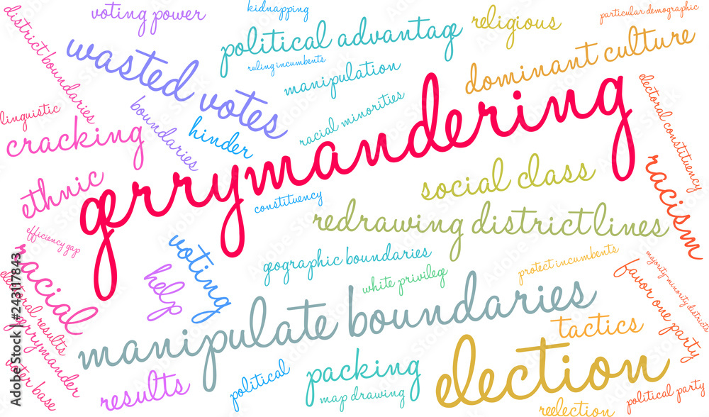 Gerrymandering Word Cloud on a white background. 