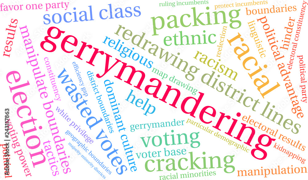 Gerrymandering Word Cloud on a white background. 