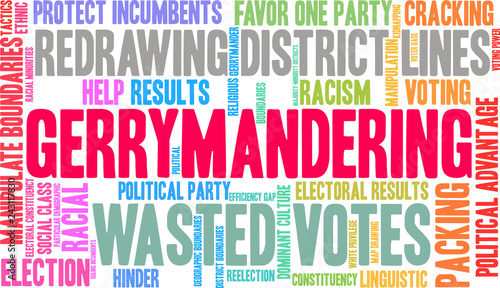 Gerrymandering Word Cloud on a white background. 