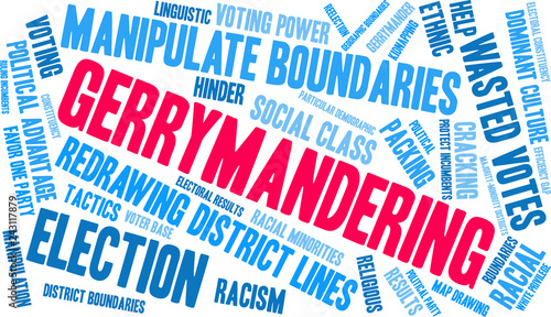 Gerrymandering Word Cloud on a white background. 