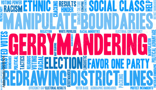 Gerrymandering Word Cloud on a white background. 