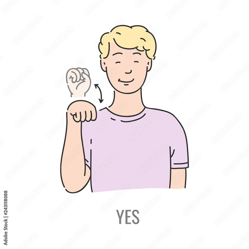 Vector blonde man showing yes deafmute sign language symbol. Smiling