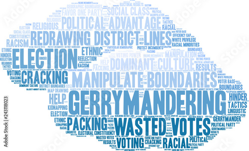 Gerrymandering Word Cloud on a white background. 