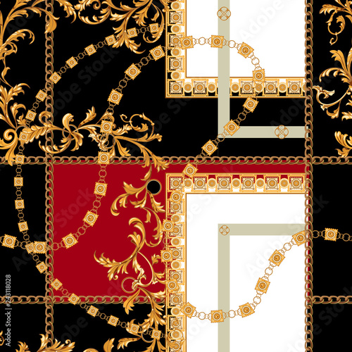 Baroque seamless pattern with chains. Vector patch for print, fabric, scarf.