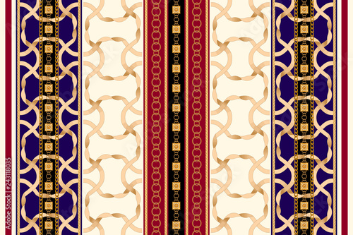 Baroque striped seamless pattern with golden ribbons and chains. Vintage patch for scarfs, print, fabric.