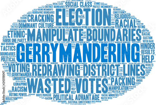 Gerrymandering Word Cloud on a white background. 