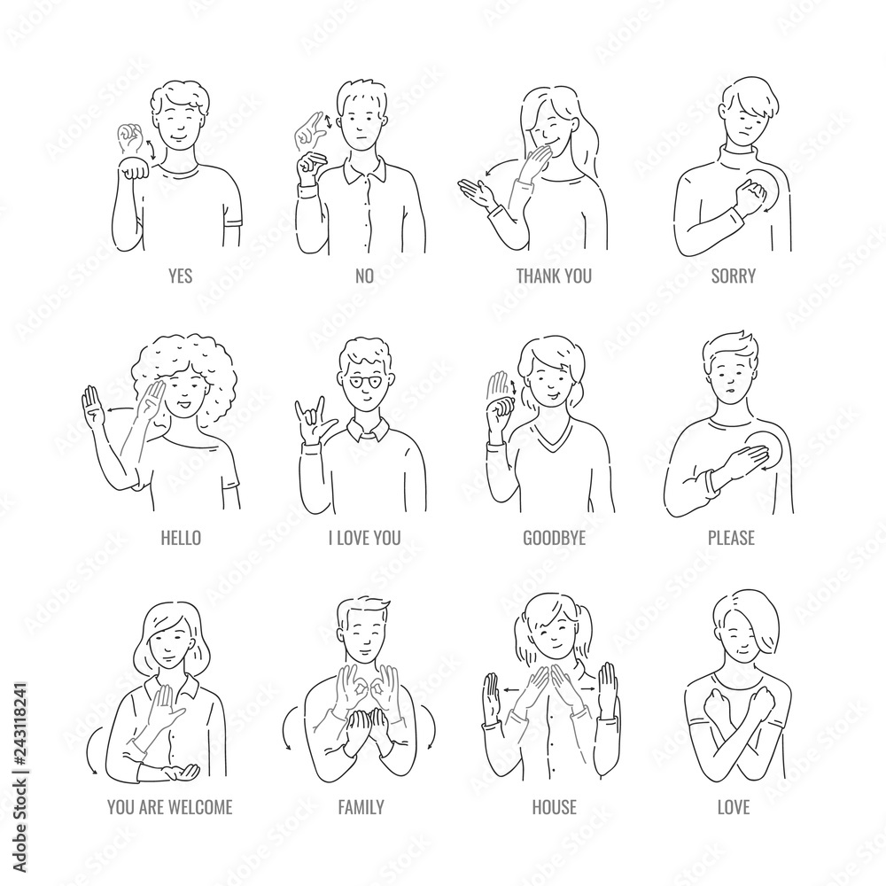 Vector men, women showing basic deaf-mute sign language symbol. Smiling sketch female, male monochrome characters and hand communication sign set. Different social communication, basic word Vector men, women showing basic deaf-mute sign language symbol. Smiling sketch female, male monochrome characters and hand communication sign set. Different social communication, basic word