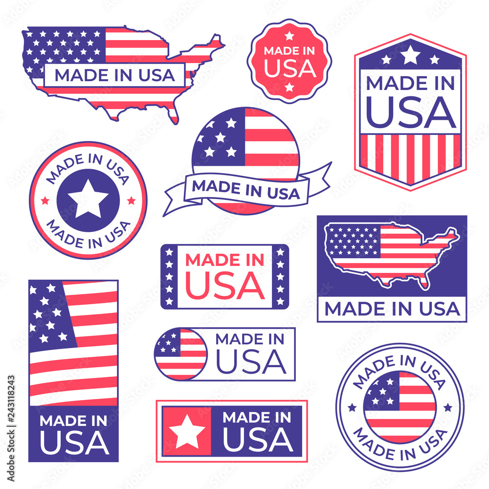 Made in USA label. American flag proud stamp, made for usa labels icon and manufacturing in America stocker isolated vector set Made in USA label. American flag proud stamp, made for usa labels icon and manufacturing in America stocker isolated vector set