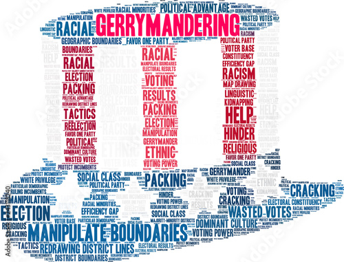 Gerrymandering Word Cloud on a white background. 