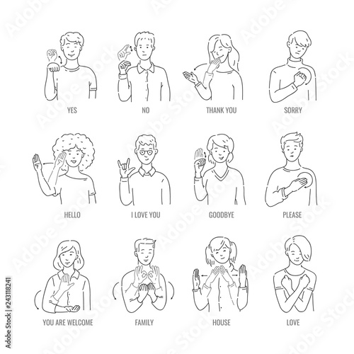 Vector men, women showing basic deaf-mute sign language symbol. Smiling sketch female, male monochrome characters and hand communication sign set. Different social communication, basic word