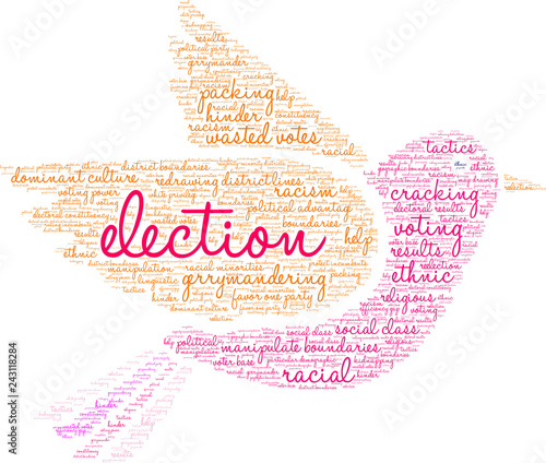 Election with Gerrymandering Word Cloud on a white background. 