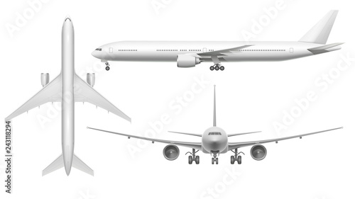 Realistic airplane. Aircraft plane view landing on runway or flying. White 3d airplane isolated illustration