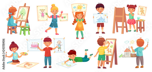 Drawing children. Kid illustrator, baby drawing play and draw kids group cartoon vector illustration