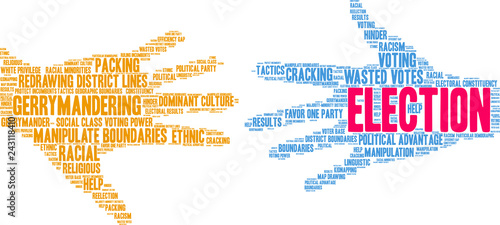 Election with Gerrymandering Word Cloud on a white background. 