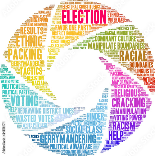 Election with Gerrymandering Word Cloud on a white background. 
