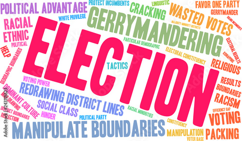 Election with Gerrymandering Word Cloud on a white background. 