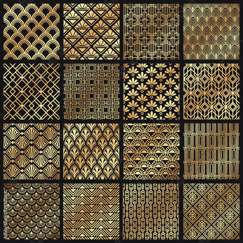 3D Fototapete Gold - Fototapete Art deco patterns. Decorative golden lines, angular line frame and 1920 arts gold pattern vector set