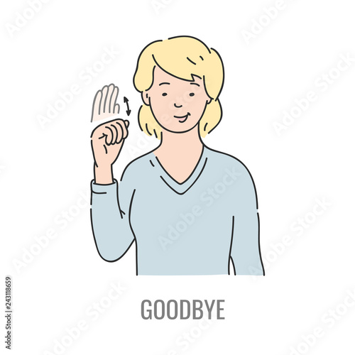 Vector blonde woman showing you goodbye deaf-mute sign language symbol. Smiling sketch female character and hand communication sign. Different social communication, basic word