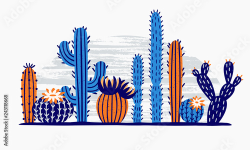 Mexican desert cactus. Cactuses flower, exotic garden plant and tropical cacti flowers isolated vector illustration