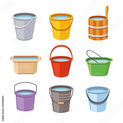 Water buckets set. Metal pail, empty and full plastic garden bucket isolated vector illustration icons