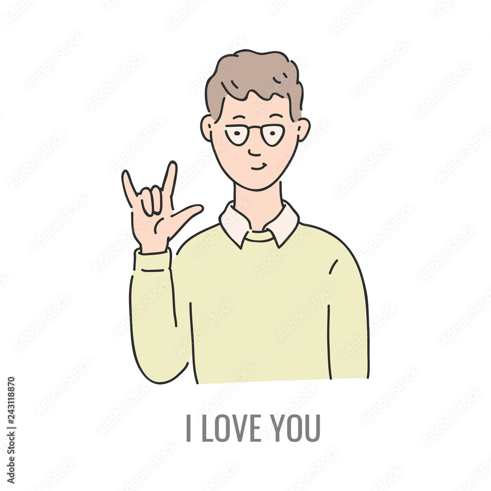 Vector young man showing i love you deafmute sign language symbol. Smiling sketch male