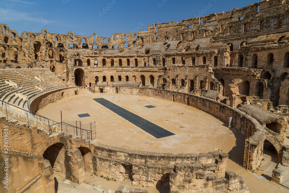 EL DJEM / TUNISIA - JUNE 2015: Ruins of the ancient Thysdrus town, modern El Djem, Tunisia