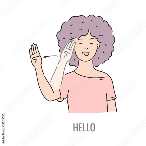 Vector woman showing hello deaf-mute sign language symbol. Smiling sketch female character and hand communication greeting sign. Different social communication, basic word