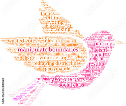 Manipulate Boundaries  in Gerrymandering Word Cloud on a white background. 