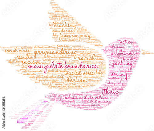 Manipulate Boundaries with Gerrymandering Word Cloud on a white background. 