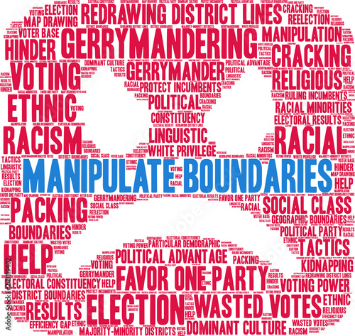 Manipulate Boundaries with Gerrymandering Word Cloud on a white background. 